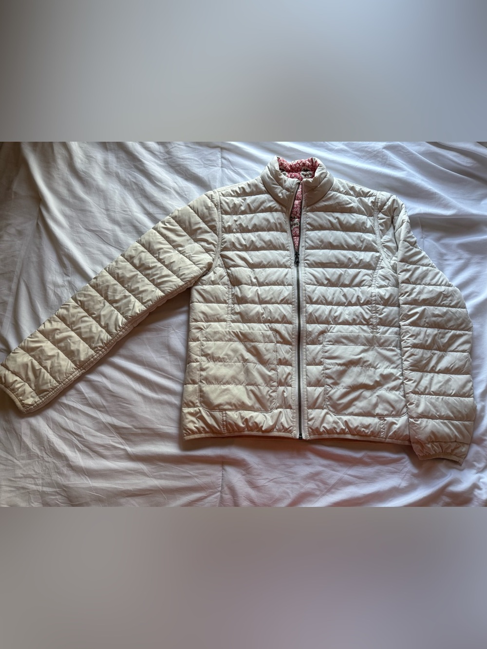 Women's Cream Quilted Puffer Jacket with Pink Lined Collar